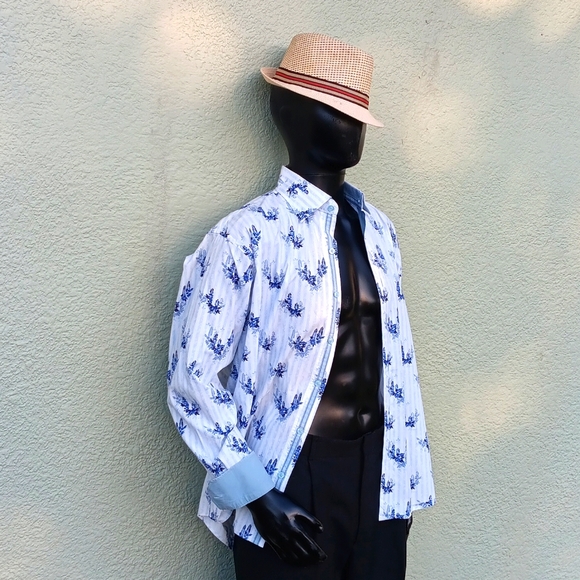 VISCONTI UOMO MEN'S SEERSUCKER BLEND FLORAL ACCENTED LUXURY SHIRT